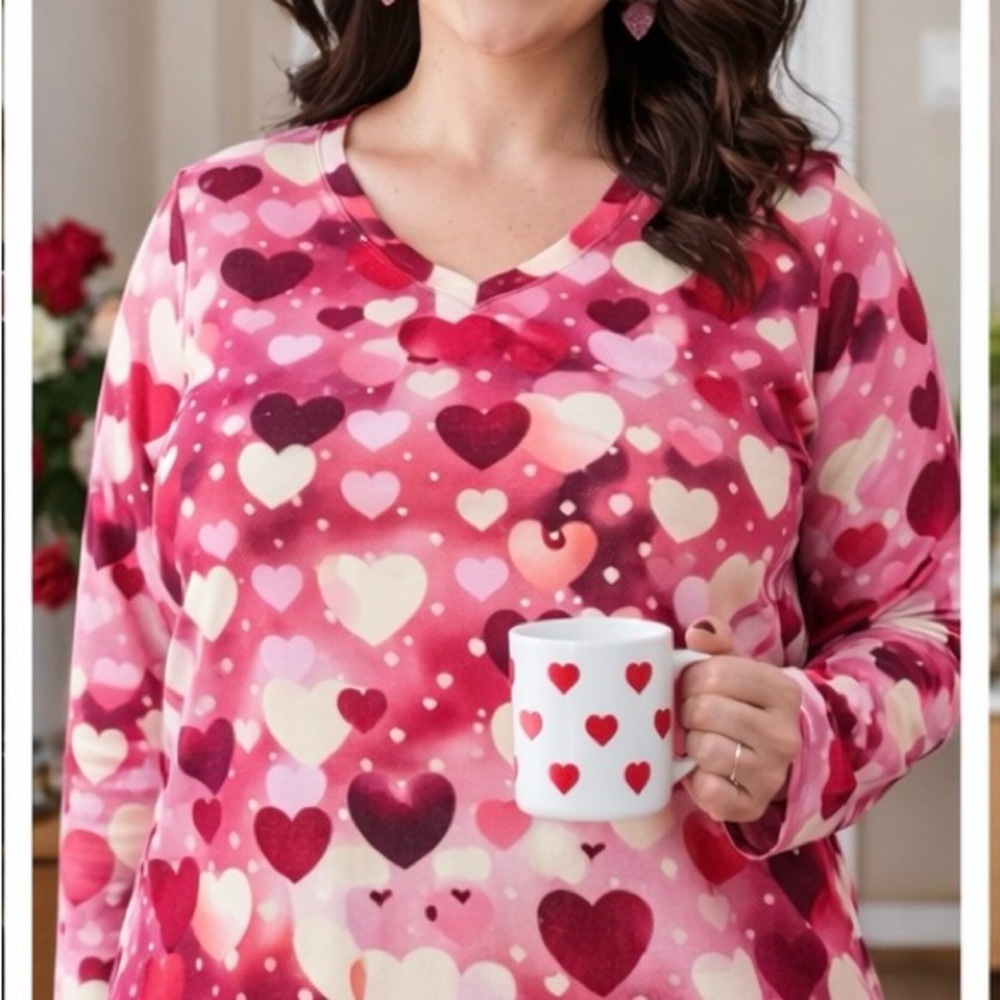 Heart Print Long Sleeve Top Pink Red Valentines Plus Size 3XL